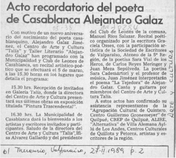 Acto recordatorio del poeta de Casablanca Alejandro Galaz