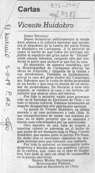 Vicente Huidobro  [artículo] Ronnie Muñoz Martineaux.