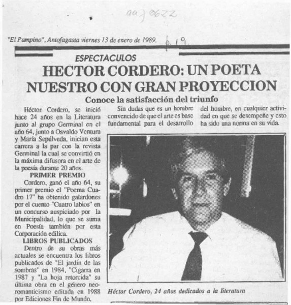 Héctor Cordero, un poeta nuestro con gran proyección