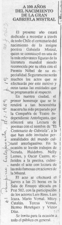 A 100 años del nacimiento de la gran Gabriela Mistral  [artículo].