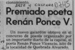 Premiado poeta Renán Ponce V.  [artículo].