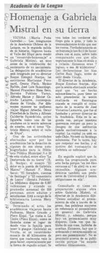 Homenaje a Gabriela Mistral en su tierra  [artículo] Mario Peña Carreño.
