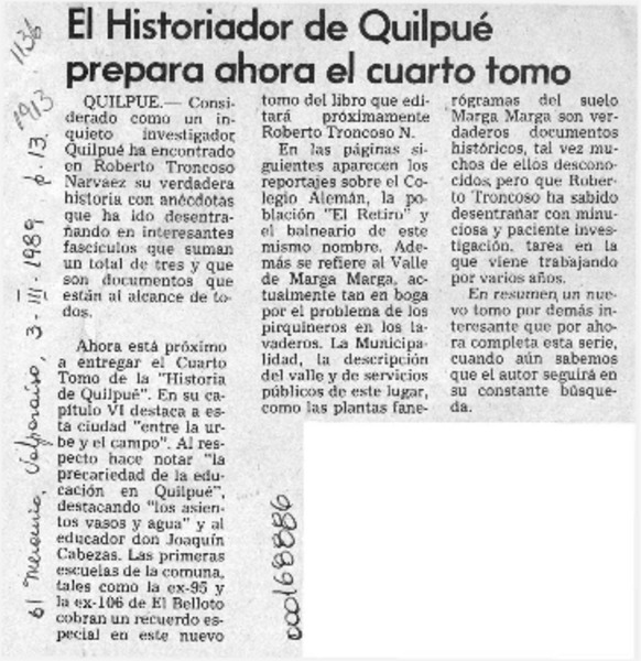 El Historiador de Quilpué prepara ahora el cuarto tomo  [artículo].