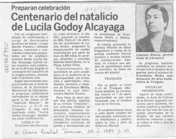 Centenario del natalicio de Lucila Godoy Alcayaga  [artículo].