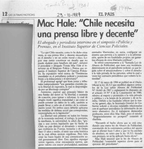 Mac Hale, "Chile necesita una prensa libre y decente"