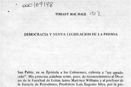 Democracia y nueva legislación de la prensa  [artículo] Tomás P. Mac Hale.