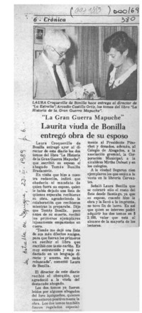 Laurita de Bonilla entregó obra de su esposo  [artículo].