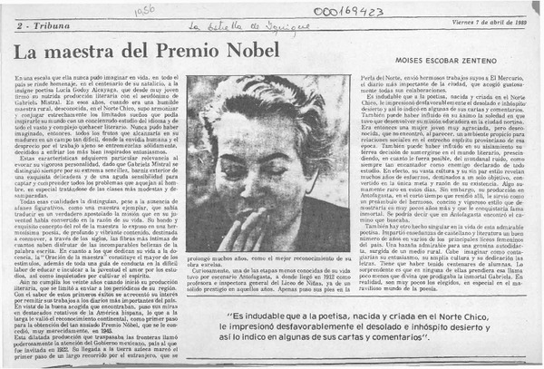 La maestra del Premio Nobel  [artículo] Moisés Escobar Zenteno.