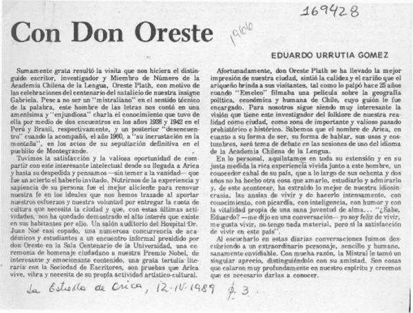 Con Don Oreste  [artículo] Eduardo Urrutia Gómez.