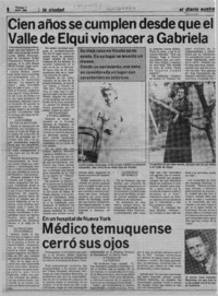 Cien años se cumplen desde que el Valle de Elqui vio nacer a Gabriela  [artículo] Guillermo Raúl Chávez.