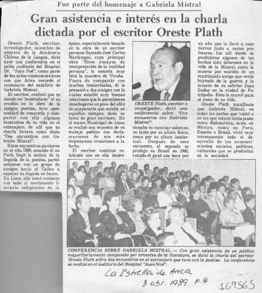 Gran asistencia e interés en la charla dictada por el escritor Oreste Plath  [artículo].