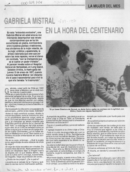 Gabriela Mistral en la hora del centenario  [artículo] Jorge Marchant Lazcano.