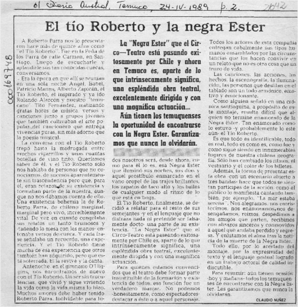 El tío Roberto y la negra Ester  [artículo] Claudio Núnez.