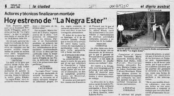 Hoy estreno de "La negra Ester"  [artículo].