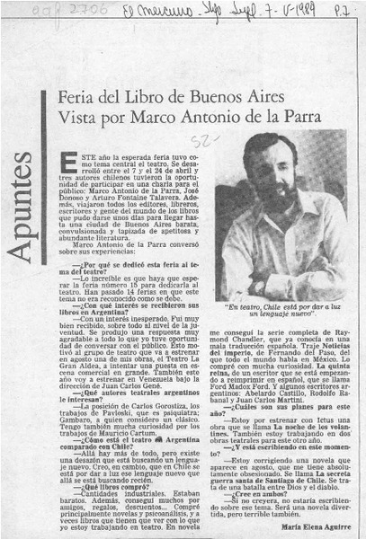 Feria del Libro de Buenos Aires vista por Marco Antonio de la Parra  [artículo] María Elena Aguirre.