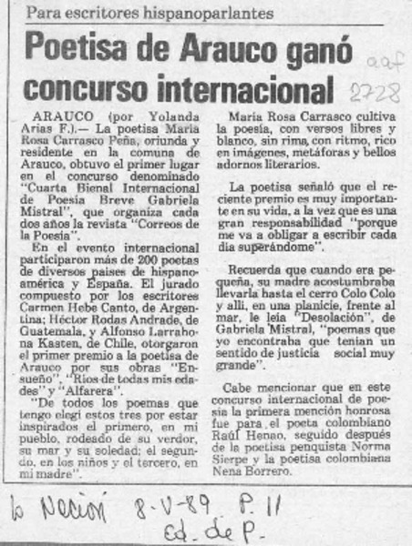 Poetisa de Arauco ganó concurso internacional  [artículo] Yolanda Arias F.