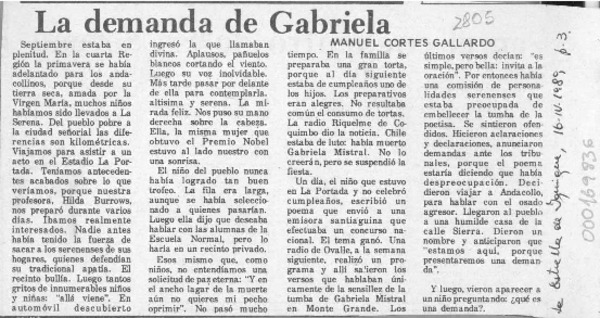 La demanda de Gabriela  [artículo] Manuel Cortés Gallardo.