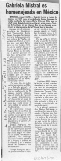 Gabriela Mistral es homenajeada en México  [artículo].