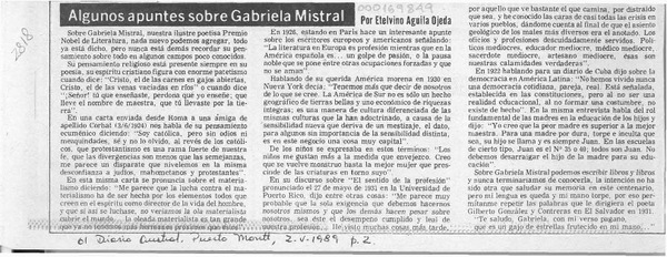 Algunos apuntes sobre Gabriela Mistral  [artículo] Etelvino Aguila Ojeda.