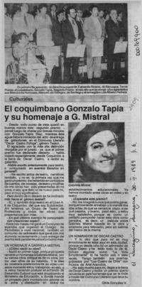 El coquimbano Gonzalo Tapia y su homenaje a G. Mistral  [artículo] Gilda González V.