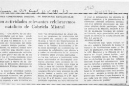 Con actividades relevantes celebraremos natalicio de Gabriela Mistral  [artículo].