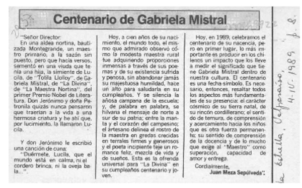 Centenario de Gabriela Mistral  [artículo] Juan Meza Sepúlveda.