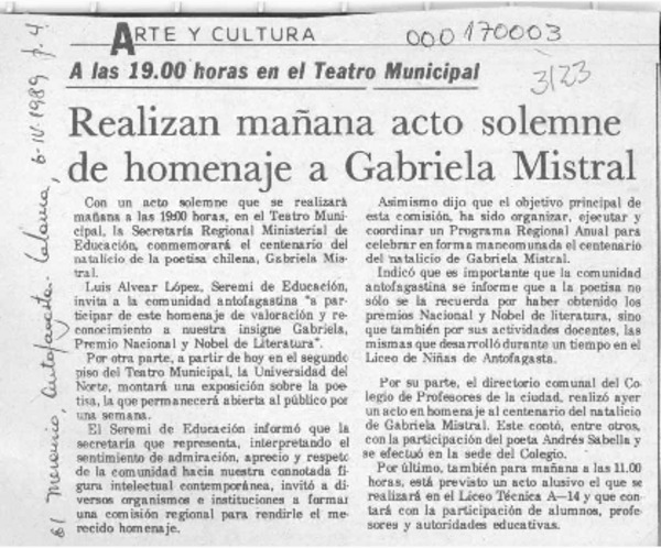 Realizan mañana acto solemne de homenaje a Gabriela Mistral  [artículo].