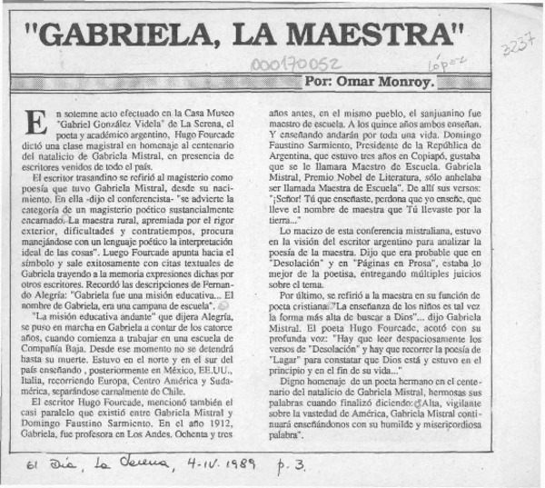 "Gabriela, la maestra"  [artículo] Omar Monroy.