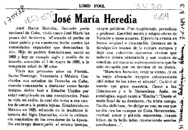 José María Heredia  [artículo] Lord Fool.