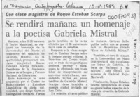 Se rendirá mañana un homenaje a la poetisa Gabriela Mistral  [artículo].