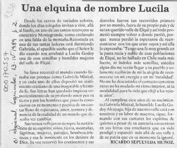 Una elquina de nombre Lucila  [artículo] Ricardo Sepúlveda Muñoz.