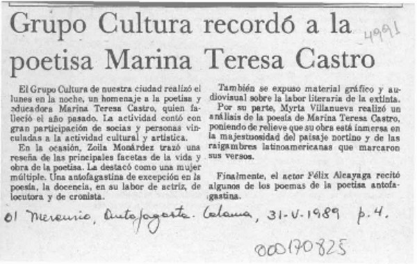 Grupo Cultura recordó a la poetisa Marina Teresa Castro  [artículo].