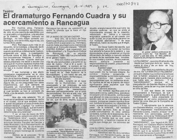 El dramaturgo Fernando Cuadra y su acercamiento a Rancagua  [artículo] Gilda González V.