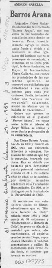 Barros Arana  [artículo] Andrés Sabella.