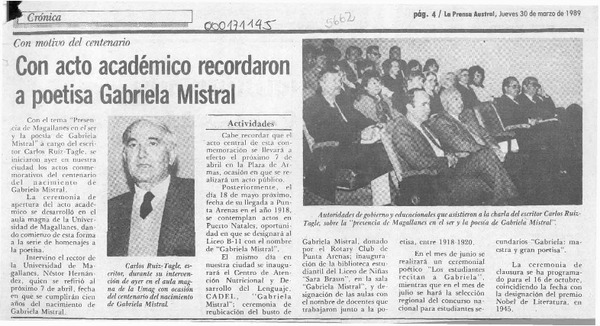 Con acto académico recordaron a poetisa Gabriela Mistral  [artículo].