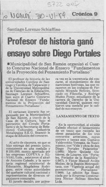 Profesor de historia ganó ensayo sobre Diego Portales