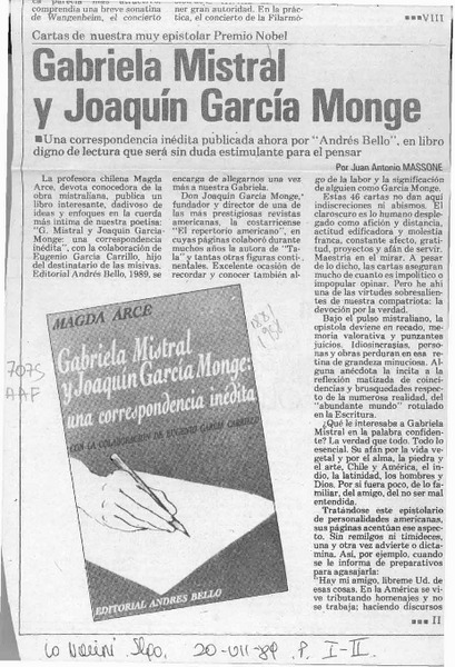 Gabriela Mistral y Joaquín García Monge  [artículo] Juan Antonio Massone.