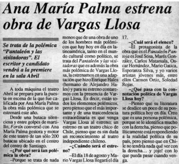 Ana María Palma estrena obra de Vargas Llosa