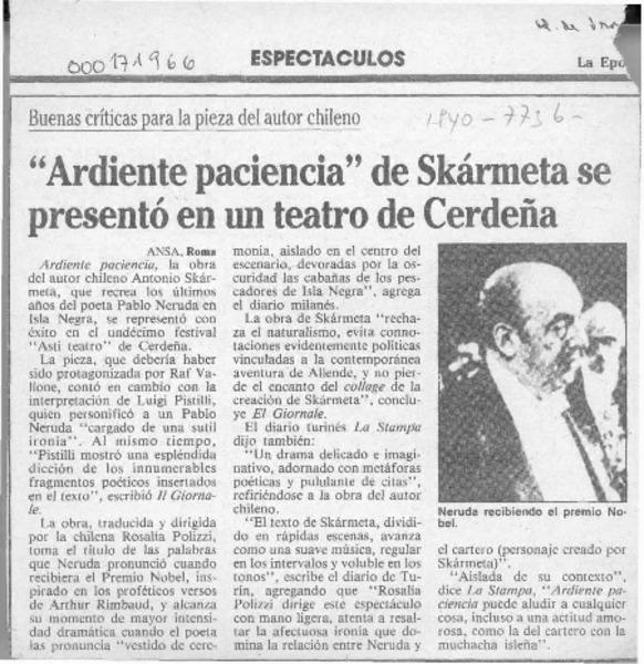 "Ardiente paciencia" de Skármeta se presentó en un teatro de Cerdeña  [artículo].