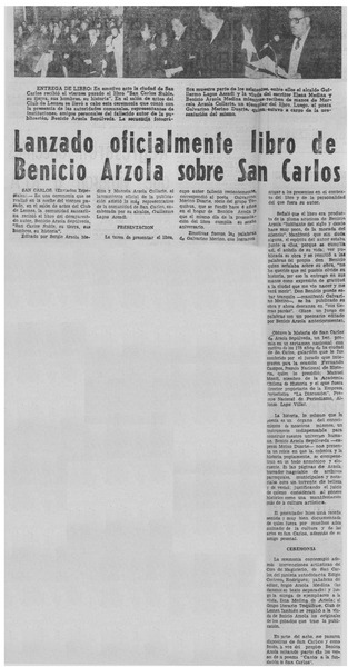Lanzado oficialmente libro de Benicio Arzola sobre San Carlos