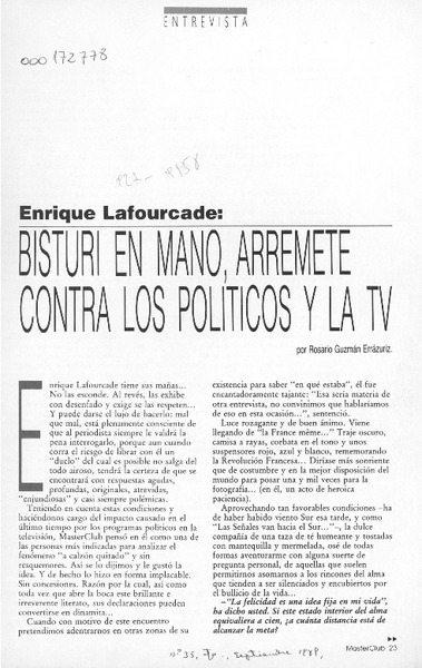 Bisturí en mano, arremete contra los políticos y la TV  [artículo] Rosario Guzmán Errázuriz.