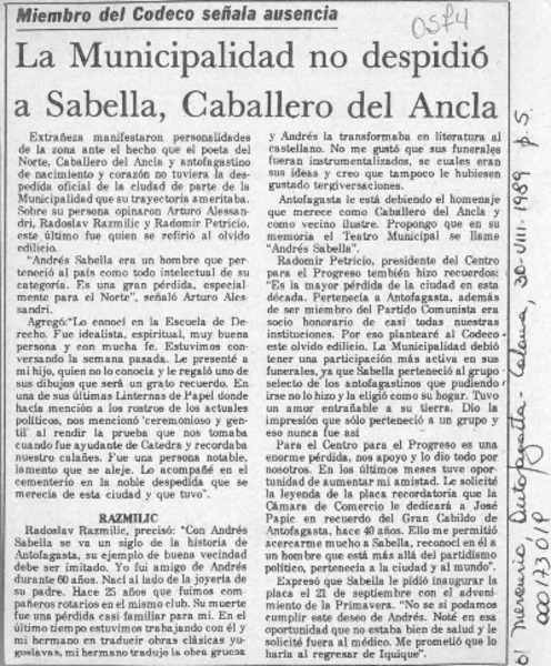 La Municipalidad no despidió a Sabella, Caballero del Ancla  [artículo].