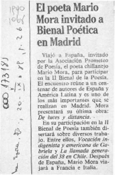 El Poeta Mario Mora invitado a Bienal Poética en Madrid  [artículo].