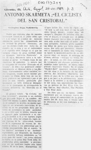 Antonio Skármeta, "El ciclista del San Cristóbal"  [artículo] Wellington Rojas Valdebenito.