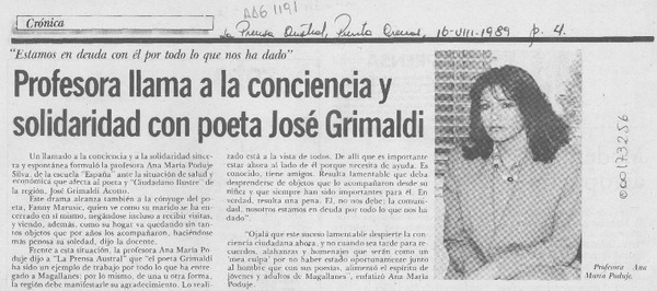 Profesora llama a la conciencia y solidaridad con poeta José Grimaldi