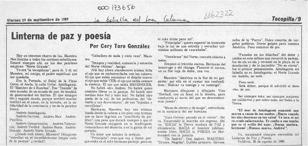 Linterna de paz y poesía  [artículo] Cery Toro González.