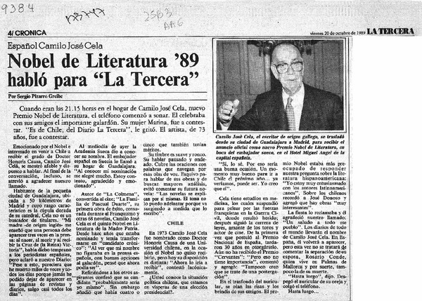 Nobel de Literatura '89 habló para "La Tercera"  [artículo] Sergio Pizarro Greibe.