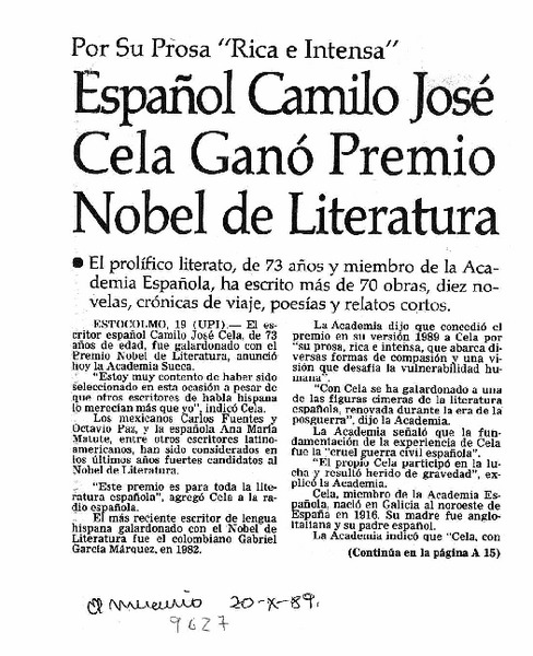 Español Camilo José Cela ganó premio Nobel de Literatura  [artículo].