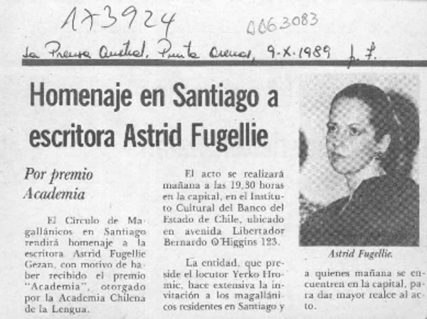 Homenaje en Santiago a escritora Astrid Fugellie  [artículo].