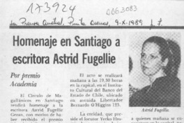 Homenaje en Santiago a escritora Astrid Fugellie  [artículo].